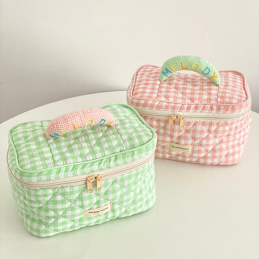 Cyflymder Plaid Pattern Toiletries Case Flip Makeup Bag With Zipper Quilted Cotton Cosmetics Storage Box For Woman And Girls