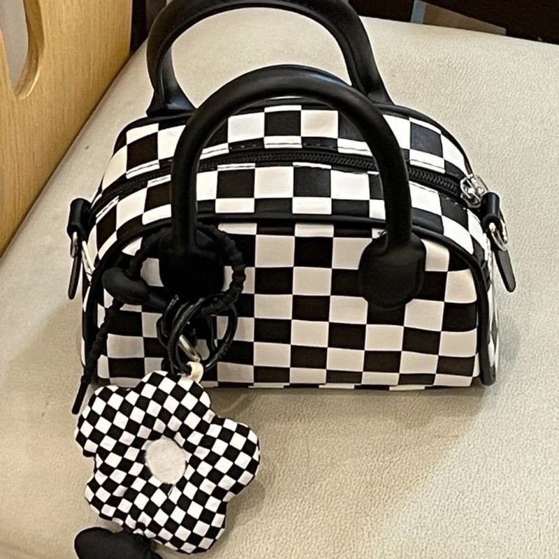 Realaiot Black White Plaid Boston Bag Checkerboard Small Handbags For Women With Flower Pendant Messenger Bag Female Womens Pouch