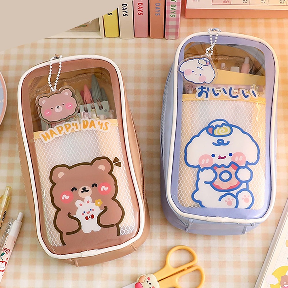 Realaiot 1pc Large Capacity Pencil Case Kawaii Transparent Cosmetic Bag Waterproof Pen Bag Cute Student School Stationery