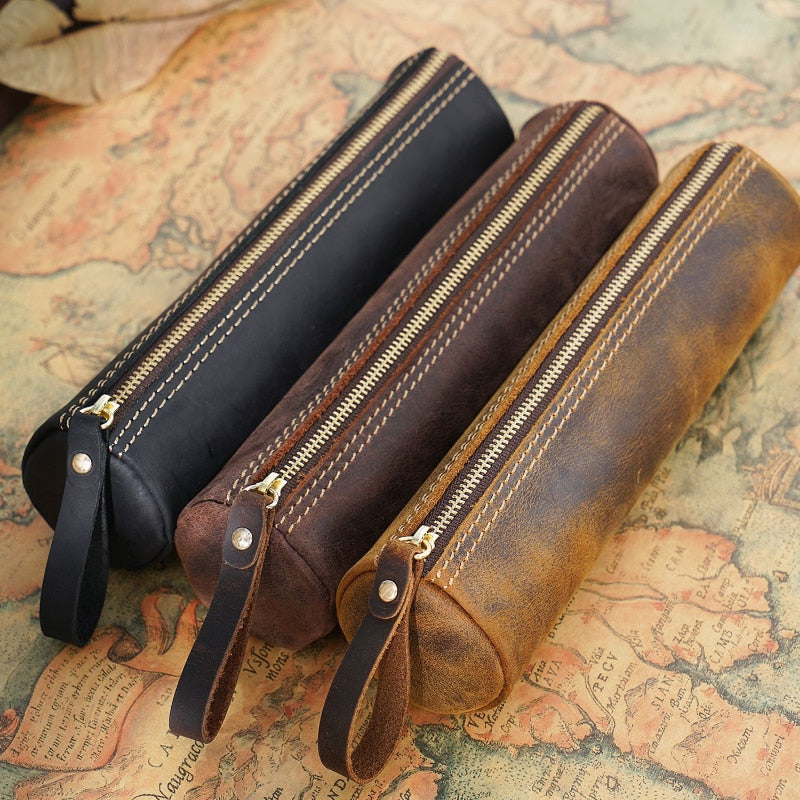 Cyflymder Retro Genuine Leather Pencil Bag Fountain Pen Storage Case Handmade Student Pen Bag Stationery Holder Office School Supplies