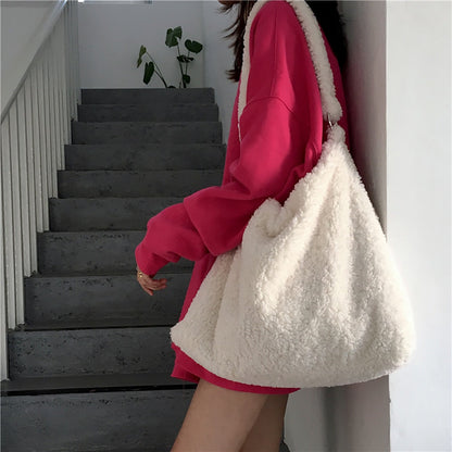 Realaiot Female Bag Soft Plush Aslant Bag Shoulder Bag Large Capacity Artificial Lambs Wool Women Design Casual Large Tote Shopping Sac