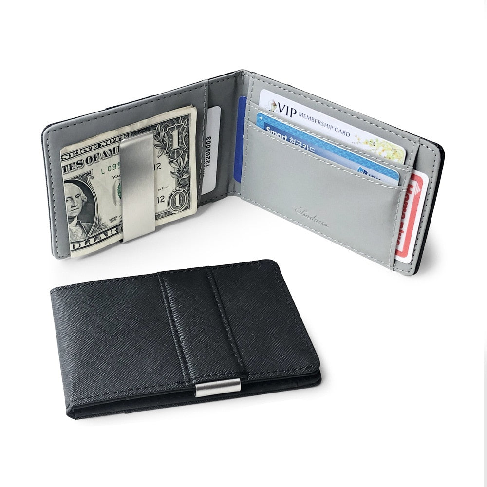Realaiot Hot Sale Fashion Solid Men's Thin Bifold Money Clip Leather Wallet with A Metal Clamp Female ID Credit Card Purse Cash Holder