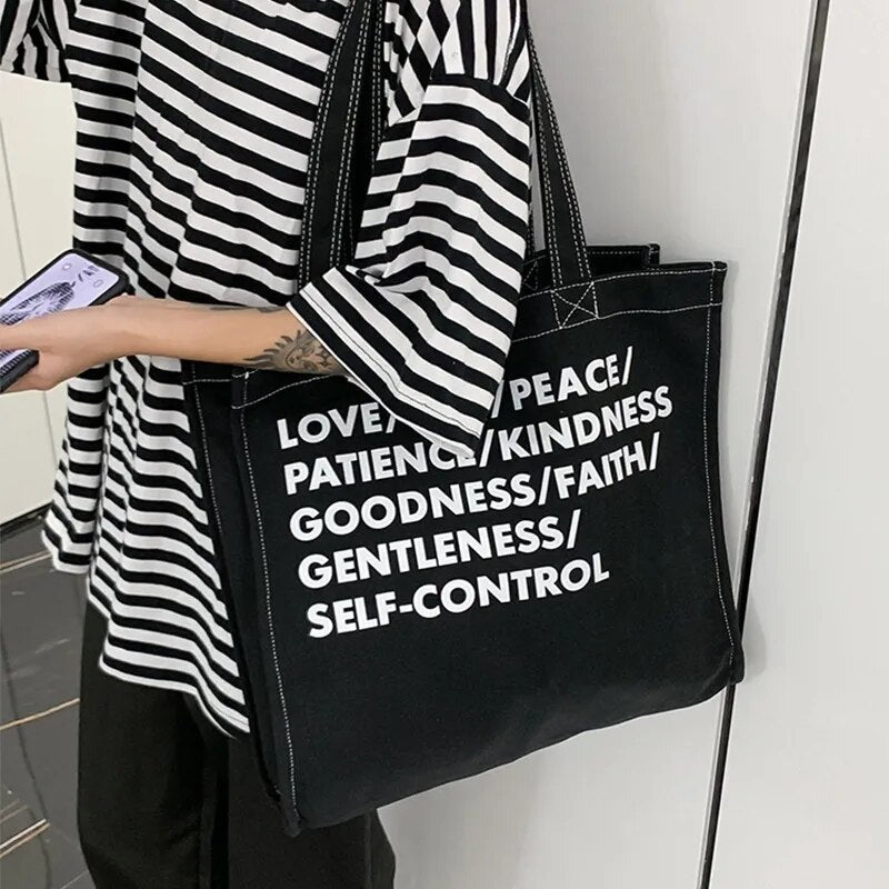 Realaiot Women Canvas Shoulder Bag Lettering High Quality Casual Handbag Tote Bag Large Capacity Cotton Reusable Shopping Beach Bag