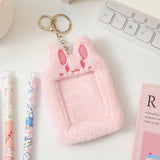 Realaiot Korea Cute Bear Rabbit Plush Photocard Holder Kawaii Kpop Idol Photo Sleeve Case ID Card Cover With Keychain Bag Pendant Decor