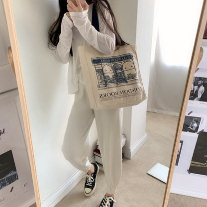 Realaiot Women Canvas Shoulder Bag London Books Print Ladies Casual Handbag Tote Bag Reusable Large Capacity Cotton Shopping Beach Bag