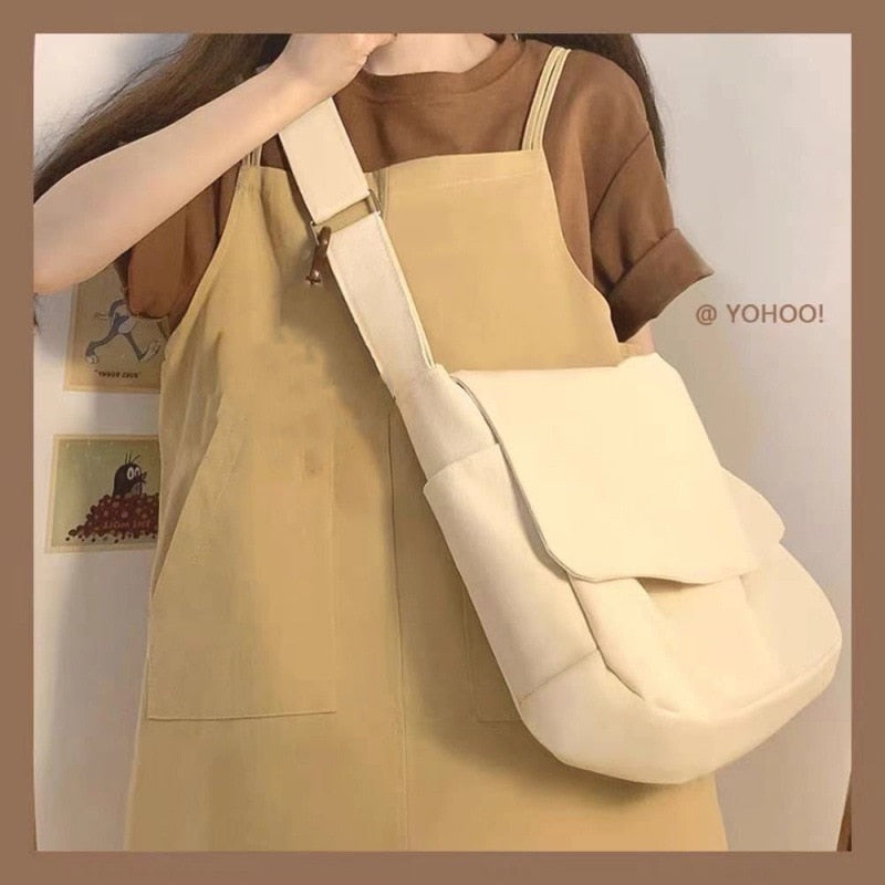 Realaiot Women Handbag Japanese Ins Simple Style Solid Color Versatile Messenger Bag Sail Cloth Schoolbag Men Korea