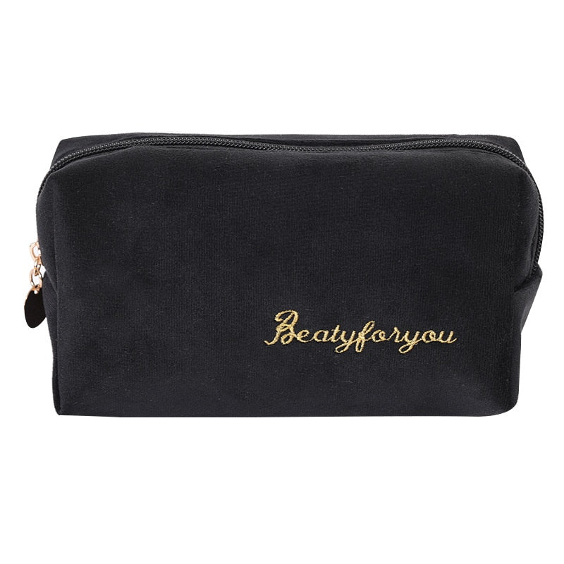 Realaiot 4pics Set Velvet Cosmetic Bag Ins Fashion Letter Embroidered Cosmetic Storage Bags Women Portable Travel Makeup Box