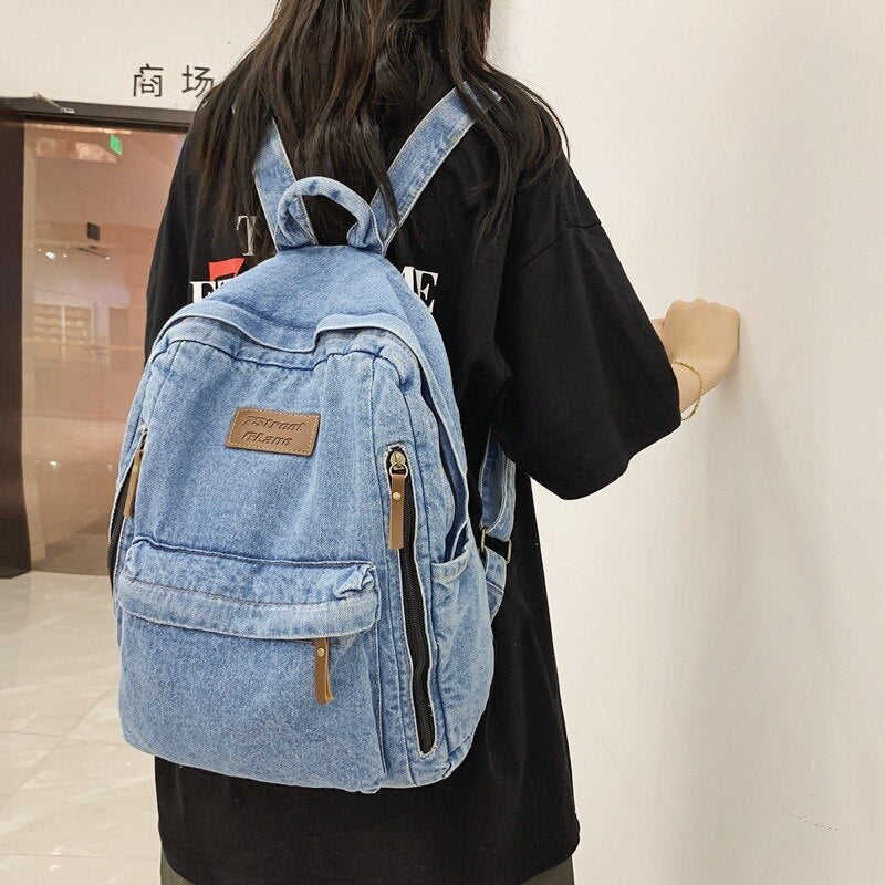 Realaiot Denim Schoolbag Female Travel Backpack High Capacity College Students School Bags for Girls Rucksack Mochila Mujer