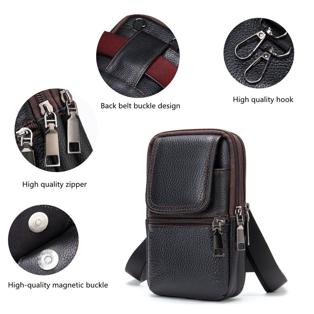 Cyflymder Men's Genuine Leather Mobile Phone Bag Belt Pockets Fanny Packs Mini Waist Bag for Men Crossbody Cell Phone Money Male Bag