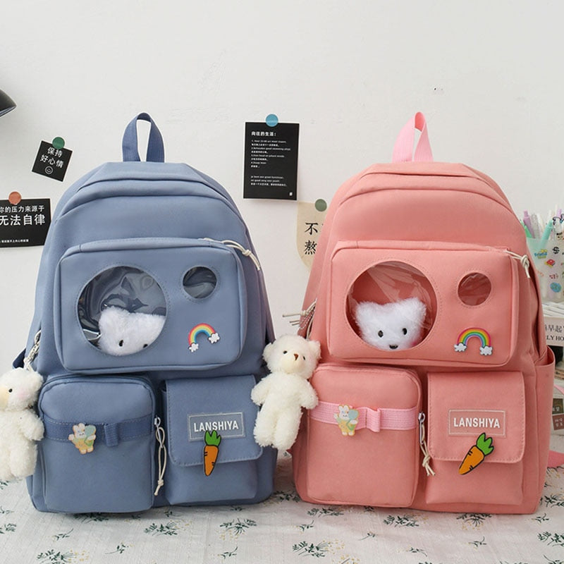 Realaiot 5 PCS Schoolbag Female New High School High-capacity Female Backpack Junior High School Pupil Backpack