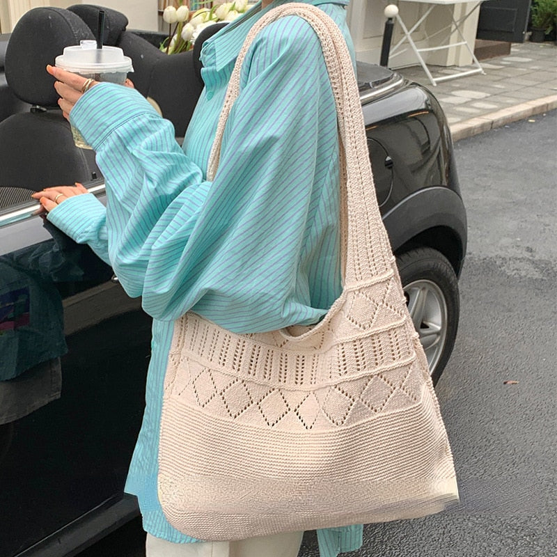 Realaiot Casual Hollow Woven Women Shoulder Bags Designer Knitting Handbags Large Capacity Tote Summer Beach Bag Shopper Sac