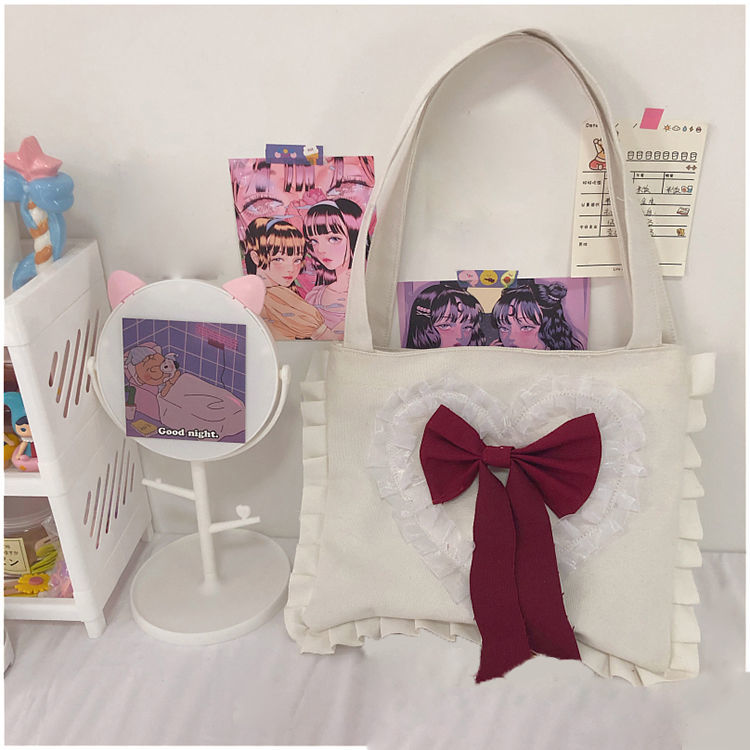 Realaiot Harajuku Shoulder Bag Women Cute Japanese JK Lolita Style Bow Ruffles Canvas Bag Big Shopper With Zipper Woman Purse