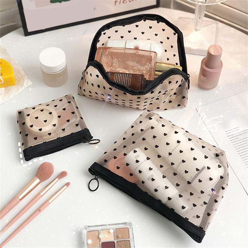 Realaiot Fashion Mesh Cosmetic Makeup Bags Case Holder Pouch Convenient To Carry Transparent Zipper Black Heart Printed Pencil Pen Case