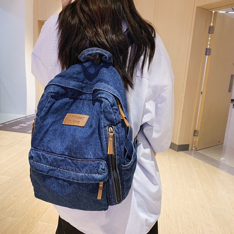 Realaiot Denim Schoolbag Female Travel Backpack High Capacity College Students School Bags for Girls Rucksack Mochila Mujer