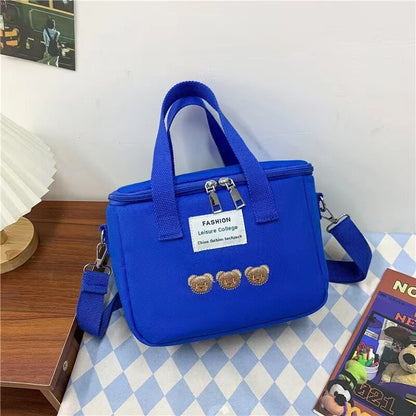 Realaiot Ins Bear Lunch Bag Canvas Large Capacity Insulation Handbags Multifunctional Thermal Breakfast Box Portable Picnic Travel