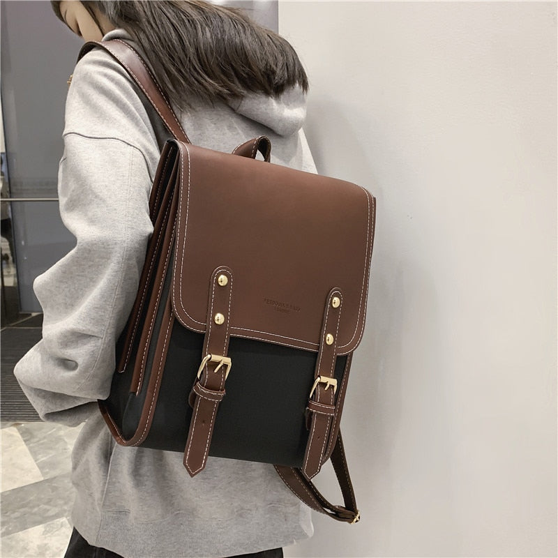 Realaiot Vintgae Preppy Style Woman Backpack Pu Leather Big School Backpack Bags for Teenager Girl Simple New Designer Hand Shoulder Bags