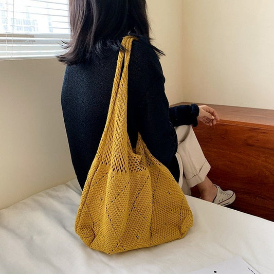 Realaiot Handmade Lady Retro Chic Crochet Handbag Korean Fashion Knitted Braid Hollow Black Yellow Top-handle Tote Bag shopper sac