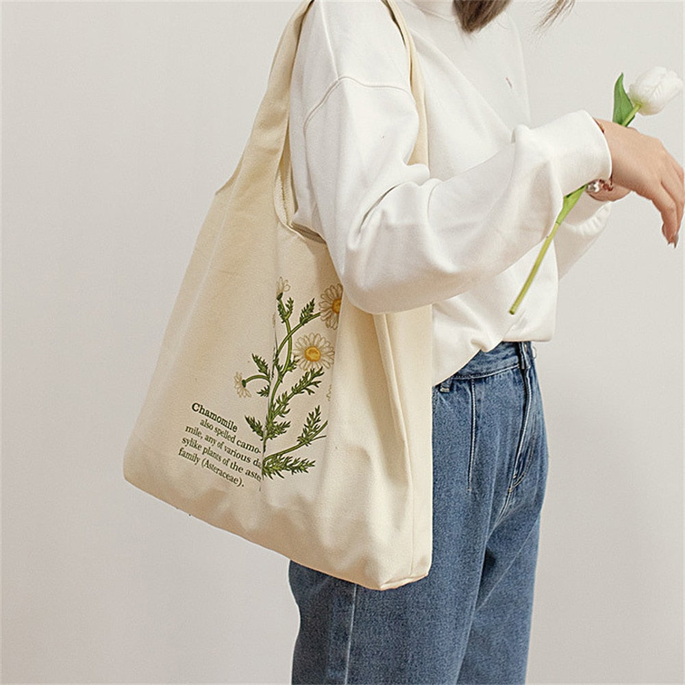 Realaiot White Canvas Vest Shopping Bags Illustration Eco Reusable Foldable Shoulder Bag Retro Large Capacity Tote Bag Women Handbag