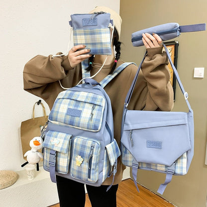 Realaiot 4 In 1 Pcs Set Canvas Backpack New Korean Junior High School Bags for Teenager Girls Mochilas Para Mujer