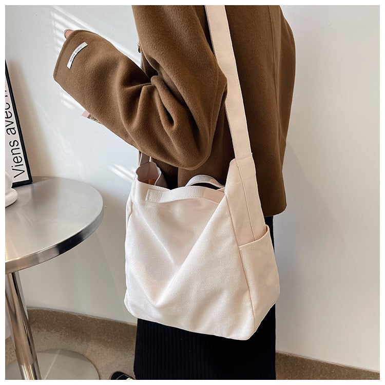 Realaiot Casual Women Shoulder Bag Canvas Large Capacity Tote Handbags Solid Crossbody Bags Canvas Purse Bag Female Messenger Bags