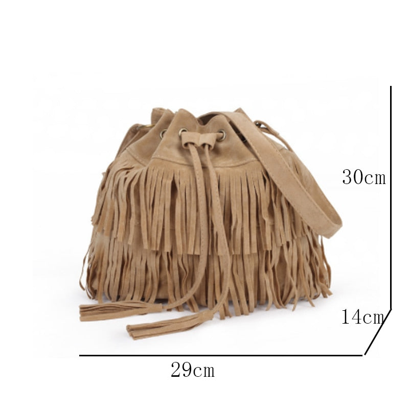 Realaiot Fashion Retro Faux Suede Fringe Women Messenger Bags Tote New Handbag Tassel Shoulder Handbags Crossbody Bag Tassel Bucket