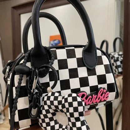 Realaiot Black White Plaid Boston Bag Checkerboard Small Handbags For Women With Flower Pendant Messenger Bag Female Womens Pouch