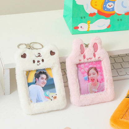 Realaiot Korea Cute Bear Rabbit Plush Photocard Holder Kawaii Kpop Idol Photo Sleeve Case ID Card Cover With Keychain Bag Pendant Decor