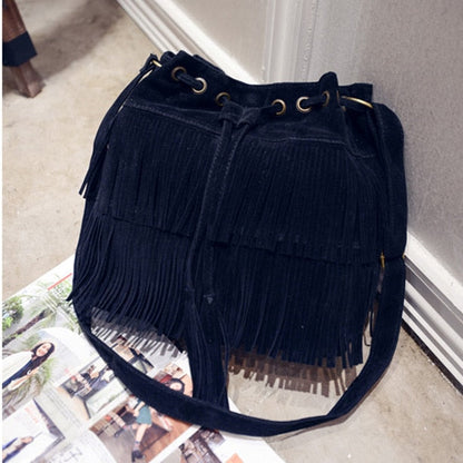 Realaiot Fashion Retro Faux Suede Fringe Women Messenger Bags Tote New Handbag Tassel Shoulder Handbags Crossbody Bag Tassel Bucket