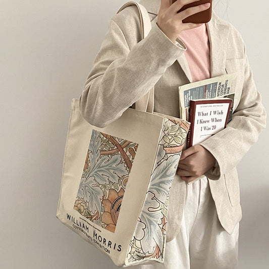 Realaiot Extra Thick Canvas Female Shoulder Bag Van Gogh Morris Vintage Oil Painting Zipper Books Handbag Large Tote For Women Shopping