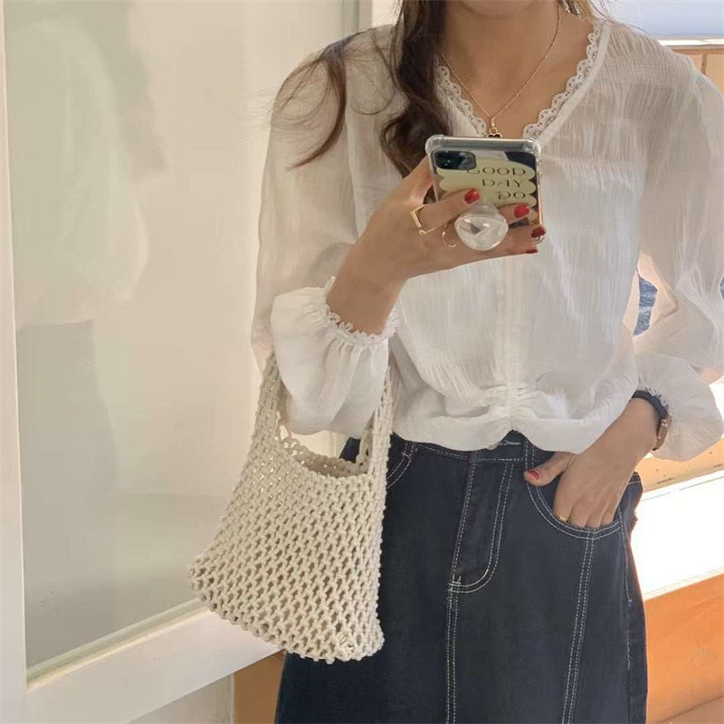 Realaiot Beach Crochet Handbag for Women Girls Summer Straw Rope Hollow Out Hand Woven Totes Bag Women's Hollow Knitting Handbag Purses