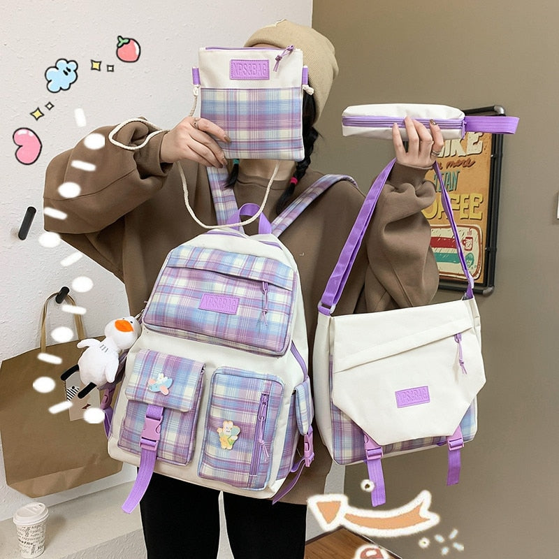 Realaiot 4 In 1 Pcs Set Canvas Backpack New Korean Junior High School Bags for Teenager Girls Mochilas Para Mujer