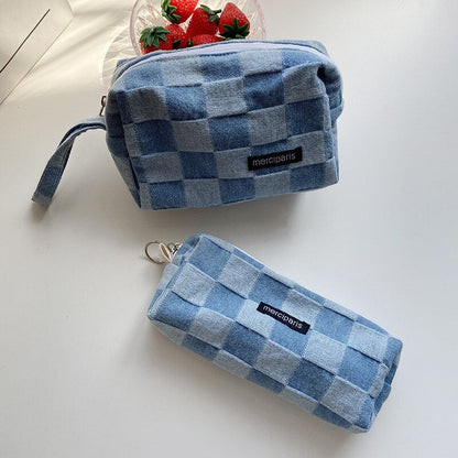 Realaiot Japanese Style Plaid Cosmetic Bag Women Canvas Handbags Purse Organizer Pencil Bags Lipstick Bag Makeup Bag Women Leopard Bag