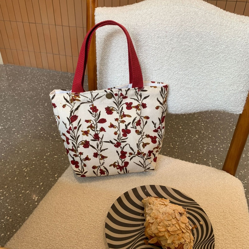 Realaiot Sweet Embroidered Women's Bag New Daisy Flower Canvas Handbag Snack Storage Bento Bag Hand Carry Mommy Bag