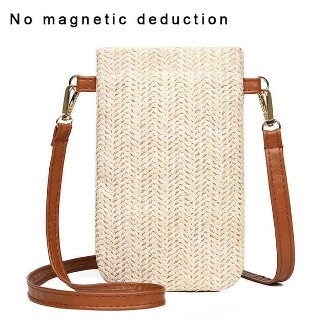 Realaiot Fashion Woven Straw Ladies Crossbody Messenger Bag Summer Bohemia Beach Rattan Shoulder Pack Small Solid Mobile Phone Coin Purse