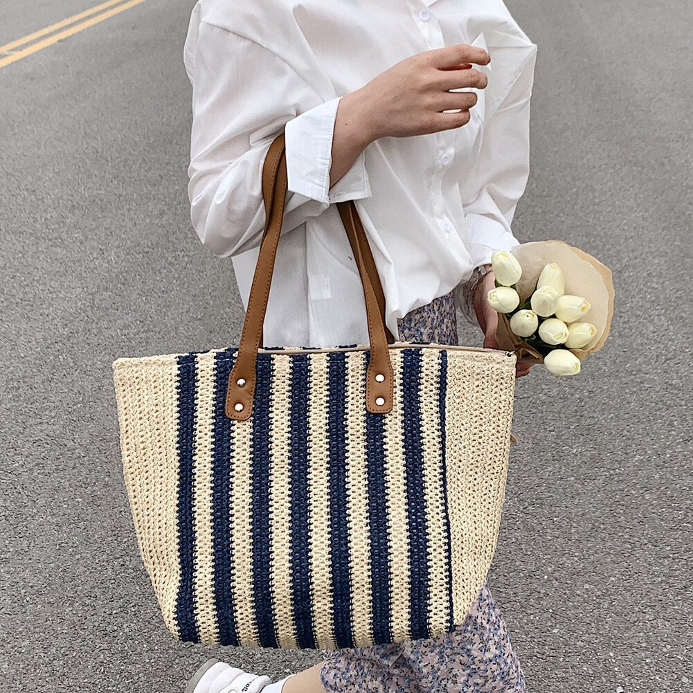 Realaiot Summer Straw Woven Top-Handle Handbags Casual Large Capacity Women Shoulder Bags Shopping Bags Beach Vacation Female Totes Bags
