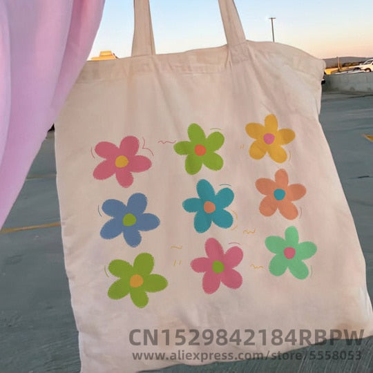 Cyflymder Retro Flower Power Y2K Floral Women Canvas Tote Bag Girl Reusable Shopper Foldable Ecobag Aesthetic Student Book Handbags