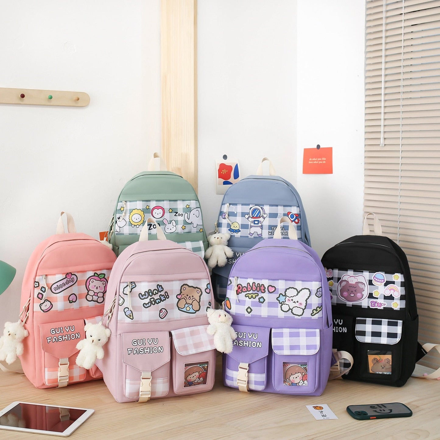 Realaiot 5Pcs/Set Cute Canvas Women School Backpacks for Teenage Girls Book Bag Student High Quality Travel Laptop Backpack Female