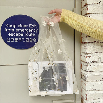 Realaiot Embroidered Light Clear Organza Jelly Tote Recycle Shopping Bag Shoulder Bags Female Daisy Eco Fruit Bag Sac Fourre Tout Femme