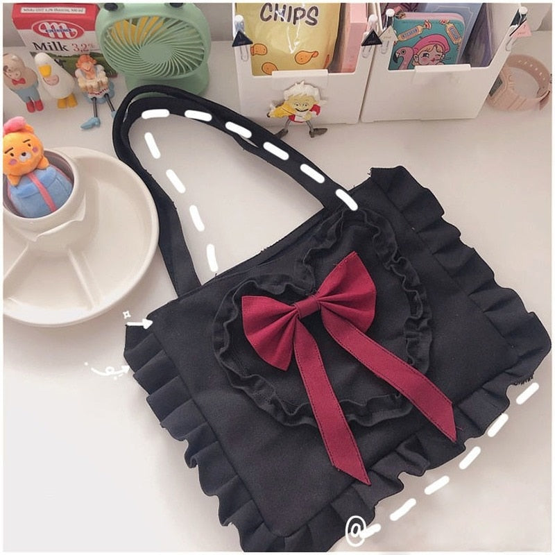 Realaiot Harajuku Shoulder Bag Women Cute Japanese JK Lolita Style Bow Ruffles Canvas Bag Big Shopper With Zipper Woman Purse