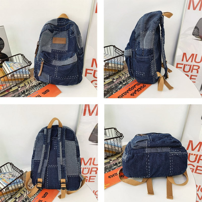 Cyflymder New Women Denim Vintage College Backpack Lady Leisure Retro Trendy Female Patchwork Book Bag Fashion Girl Cute Travel School Bag