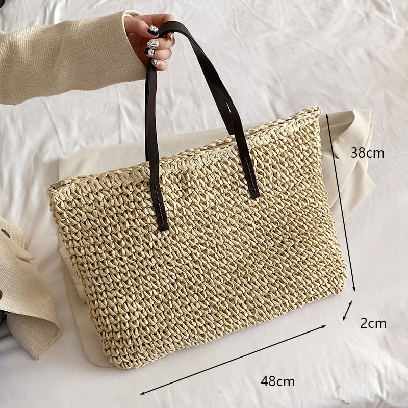 Realaiot Summer Large Capacity Straw Woven Shoulder Bag Hollow Design Beach Bags Travel Casual Lady Shopping Totes Fashion Clutch Handbag