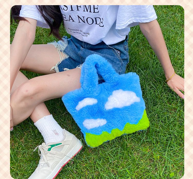 Realaiot Cute Soft Plush Women's Shoulder Bag Cartoon Sky Clouds Female Girls Small Tote Handbags Colorful Pattern Winter Messenger Bags