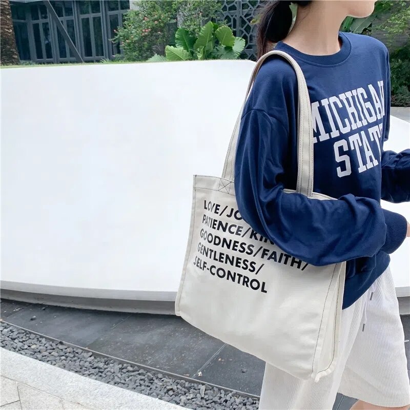 Realaiot Women Canvas Shoulder Bag Lettering High Quality Casual Handbag Tote Bag Large Capacity Cotton Reusable Shopping Beach Bag