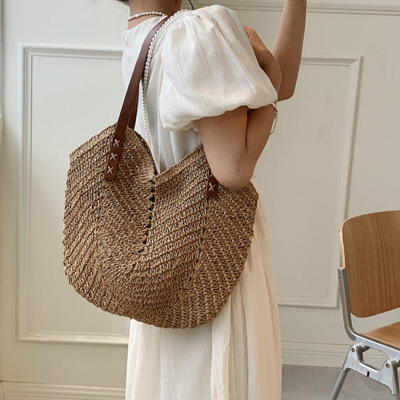 Realaiot Weave Tote Bag Female Bohemian Shoulder Bags for Women Summer Beach Straw Handbags and Purses Lady Travel Shopping Bags