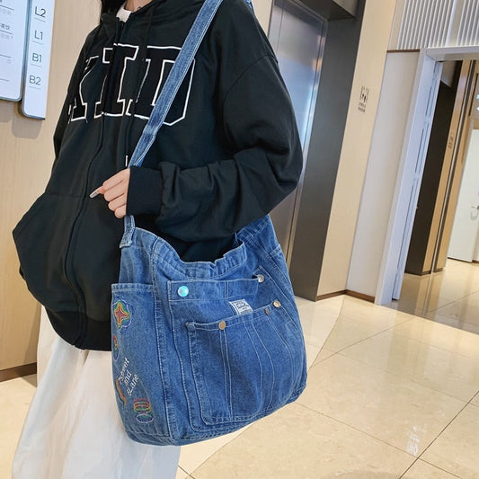 Realaiot High Quality Canvas Women'S Shoulder Bag Unisex Denim Blue School Student Shoulder Bag  Casual Messenger Bag Crossbody Bag