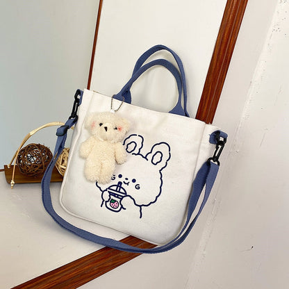 Realaiot Fashion Women Canvas Zipper Bag Cartoon Bear Print Student Tote Shoulder Messenger Bag Satchel Travel Purse Handbag New