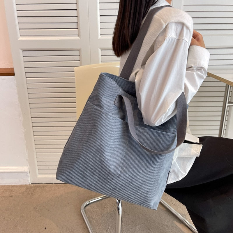 Cyflymder Large Tote Shopper Bag for Women Kpop Girl Student Corduroy Shoulder Shopping Bags Eco Female Handbags Gift Japanese Solid