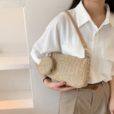 Realaiot 2 pcs/set Straw Rattan Woven Shoulder Bag Fashion Travel Clutch Handbag Summer Beach Simple Designer Shopping Totes for Women