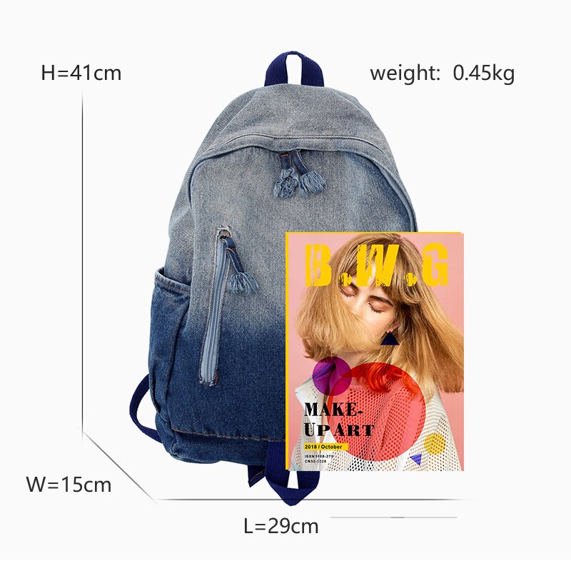 Realaiot Women's Bag Trend Gradient Denim Fabric Women's Backpack Men's Fashion Travel Backpack Unisex Student Bag Mochilas Escolare