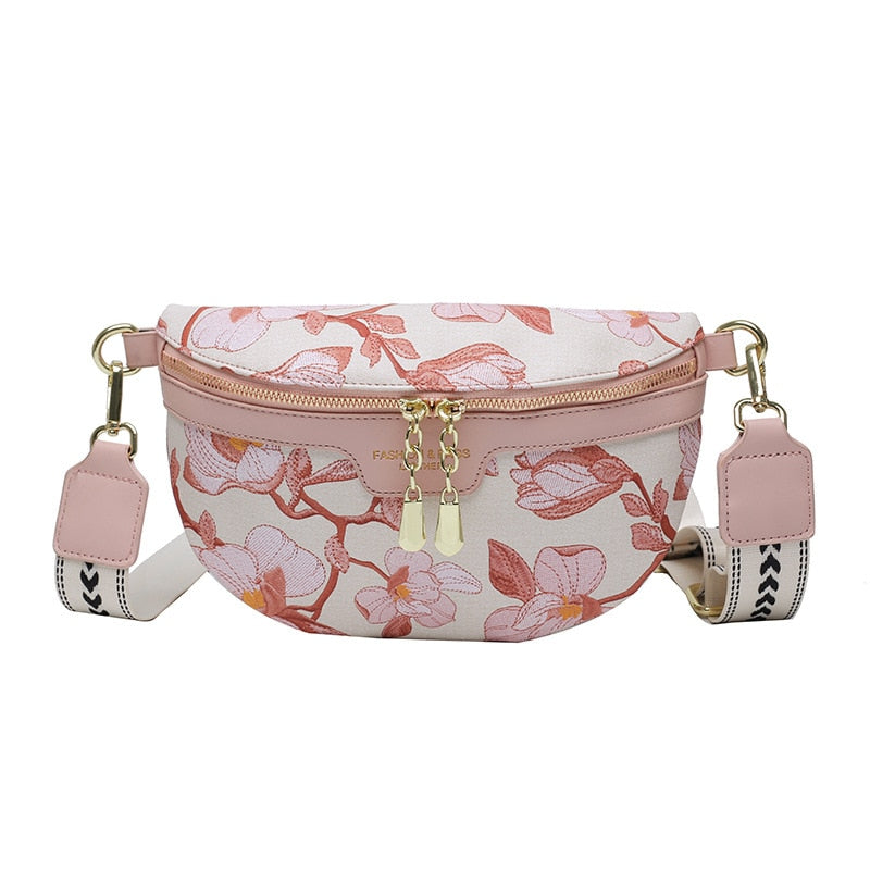 Realaiot Elegant Flower Printed PU Leather Waist Bags For Women Chain Zipper Waist Pack Female Fanny Pack Wide Strap Crossbody Chest Bag